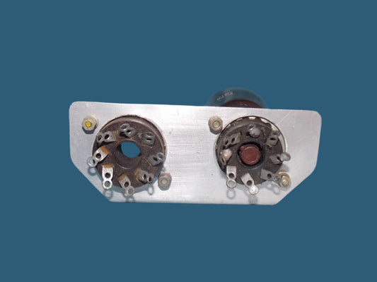 Aluminium bracket c/w 2x NOS Octal valve bases, fitted with Marconi 150/40 voltage regulator valve