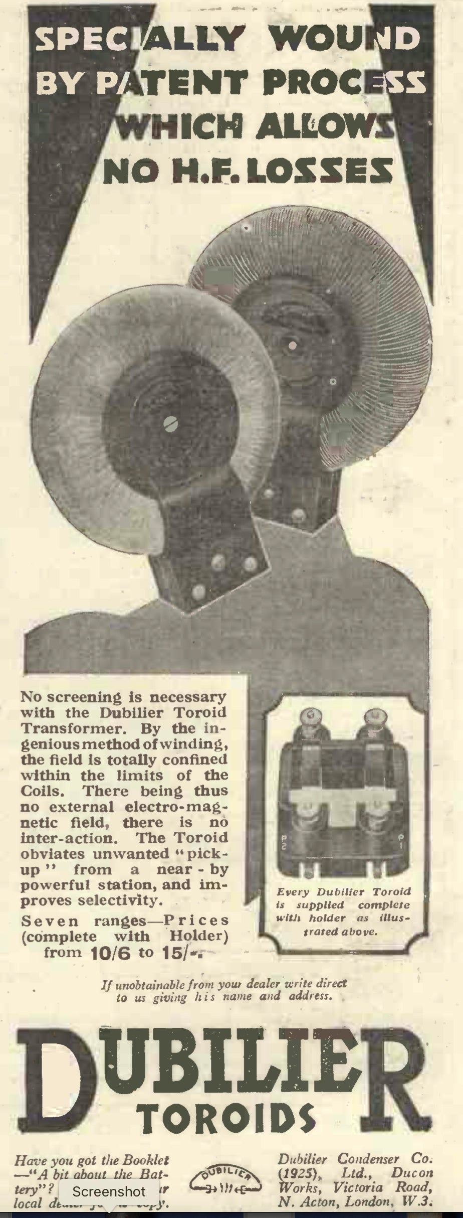 DUBILIER TOROID COIL, BLUE LITZ WIRE, PLUS HOLDER, FROM 1929