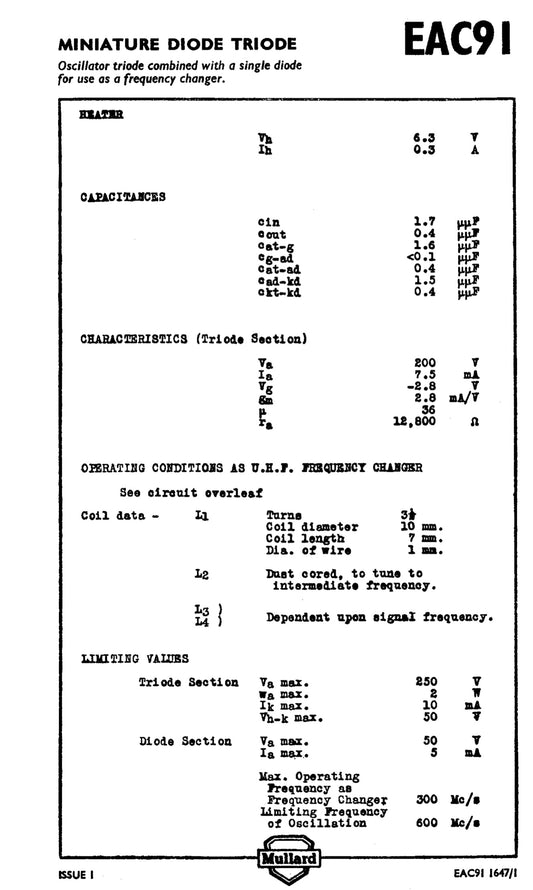 CV137, MULLARD,  MITCHAM, NEW BULK PACKED, EAC91, CV137 CV1804 CV4059 M8097 AUG 1951 MANUFACTURE