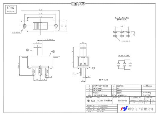 HAOYU, SS-22F24-G7, DPDT, Miniature Slide Switch,
