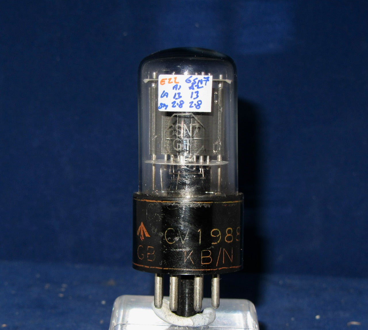 CV1988, STC PAIGNTON, MIL SPEC 6SN7GT, CLEAR GLASS, FAT BLACK BASE, ORANGE PRINT, FEBRUARY 1951 MANUFACTURE 6SN7