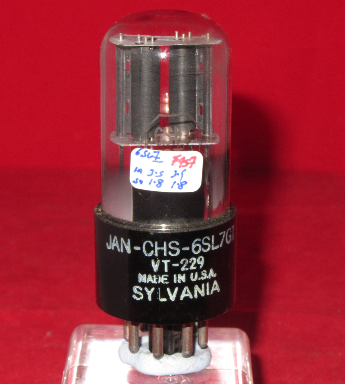 6SL7GT, SYLVANIA, VT-229, MILITARY, WHITE BASE PRINT, T SHAPE 3 HOLE ANODE, 1944 PRODUCTION 6SL7