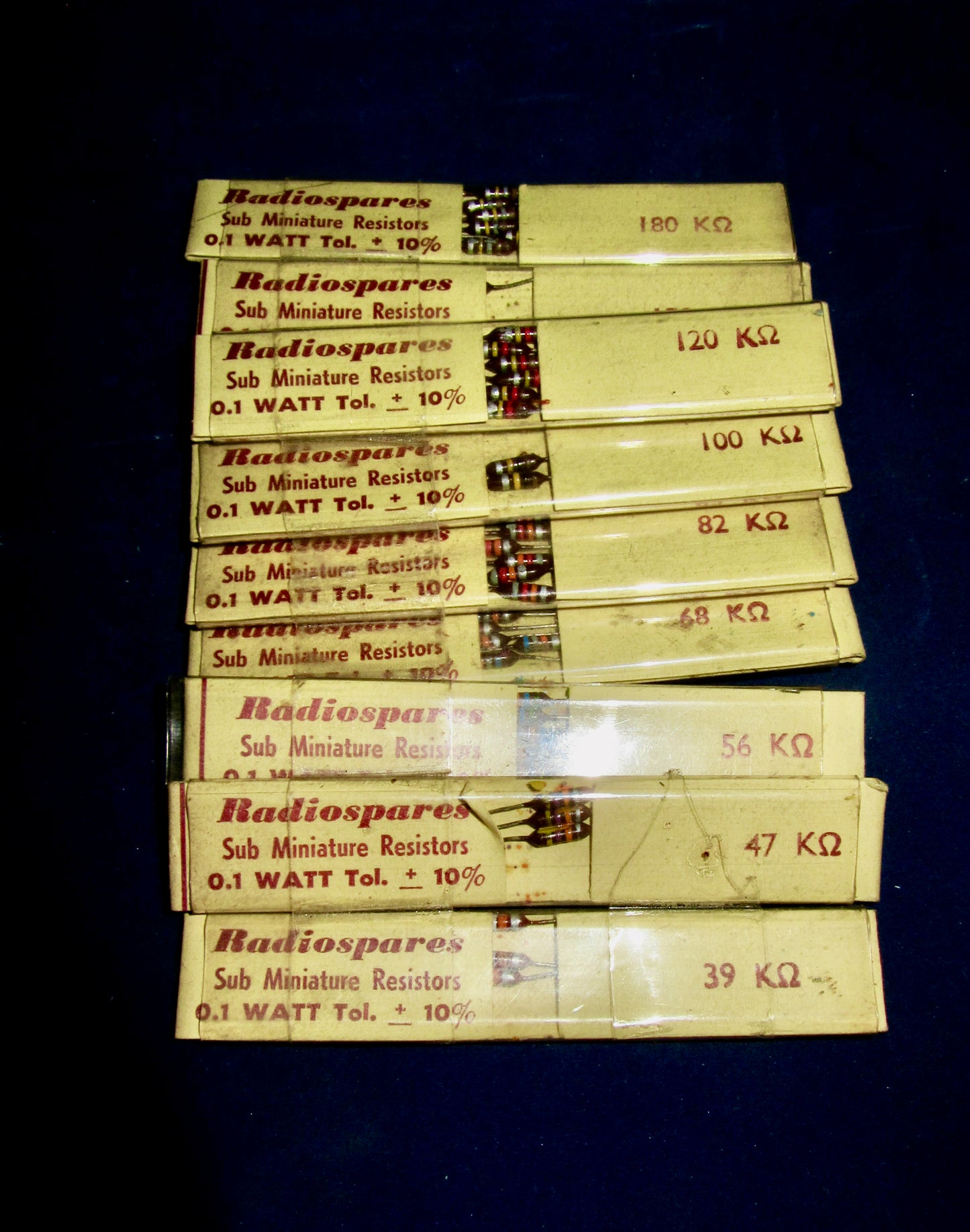 RS, RADIOSPARES, VINTAGE, 0.1W, SUBMINIATURE CARBON RESISTORS, VALUES 1M TO 100M, BOXED 1960S