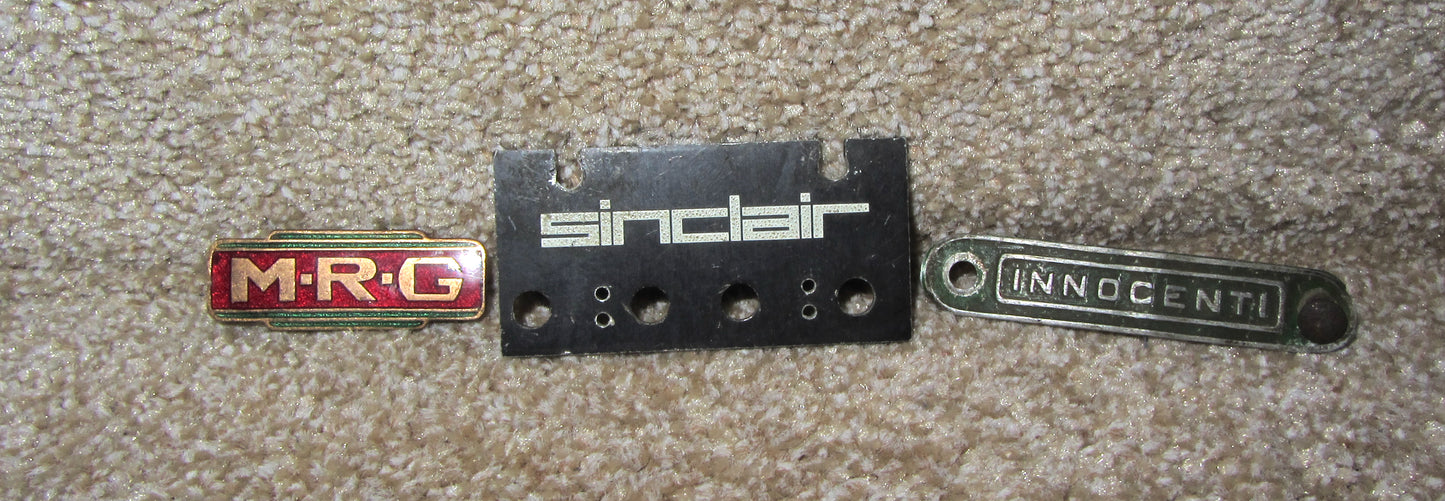 3X INSTRUMENT BADGES, INNOCENTI SEAT BADGE, SINCLAIR RADIONICS, M.R.G, MRG RADIO ENAMEL BADGE