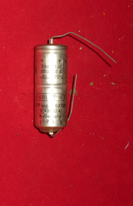 ELKO, GRUNDIG, 40uF @ 350V, AXIAL, ELECTROLYTIC CAPACITOR, NOS, REFORMED