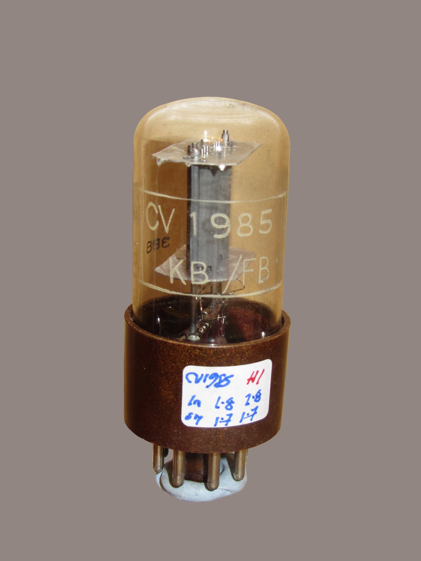 CV1985, BRIMAR, FOOTSCRAY, MIL SPEC 6SL7GT, BROWN MICANOL BASE, WHITE MILITARY CARTOUCHE WITH DATE CODE FOR MAY 1960, PRODUCTION DATE OF FEBRUARY 1958 , ECC35, VT-229, 6SL7
