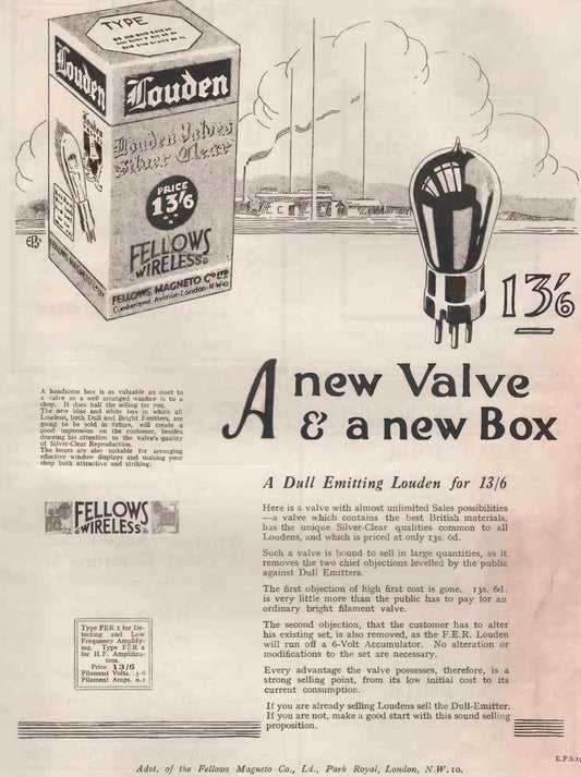 LOUDEN, HF, TRIODE VALVE, BY FELLOWS WIRELESS, TESTED FILAMENT