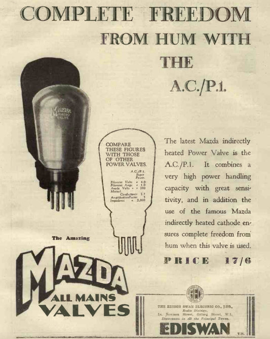 ACP1, AC/P1, MAZDA, LOW EMISSION BUT WITH BBC LABELS DATED 1936, FOR DISPLAY ONLY
