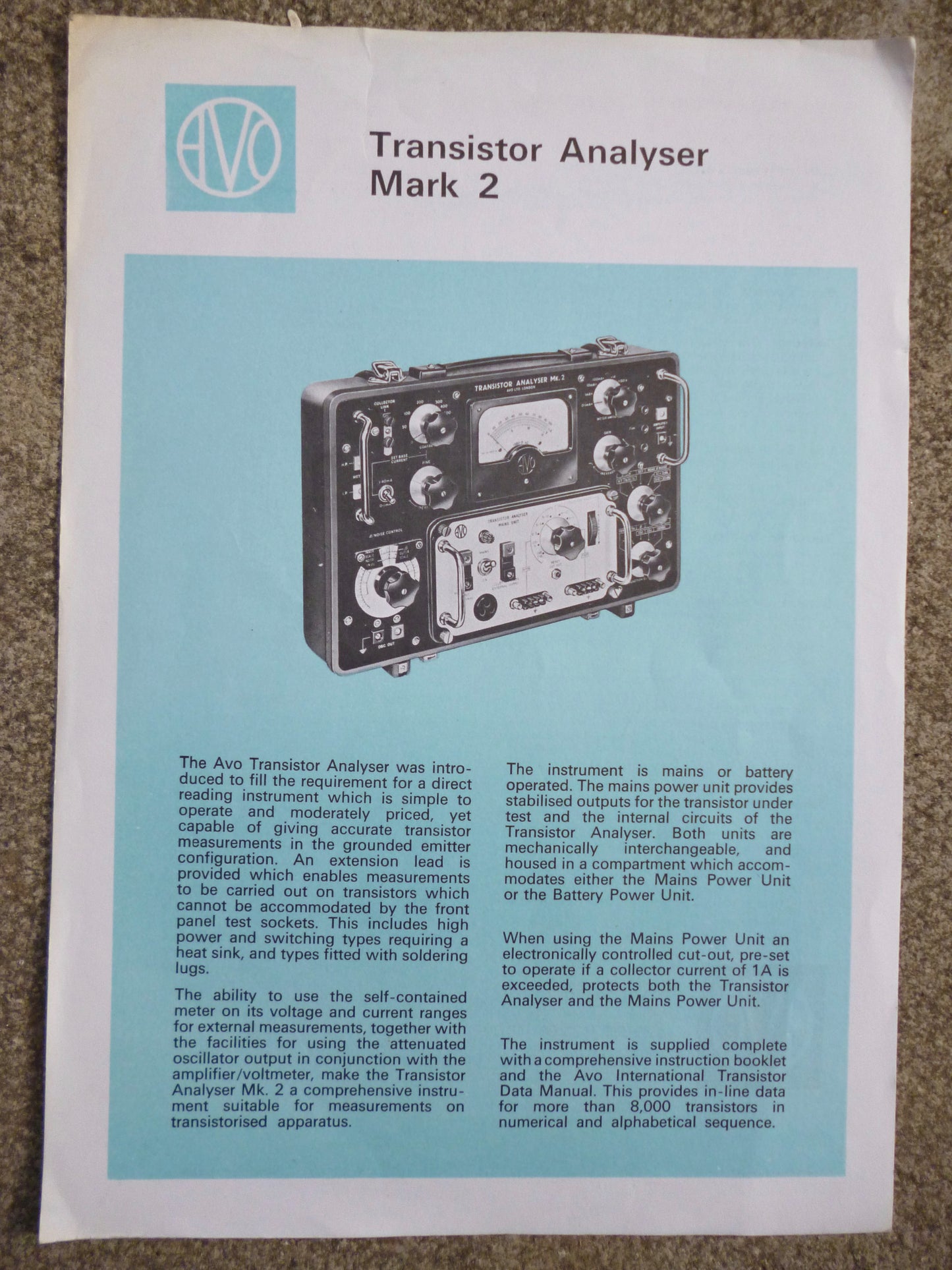 AVO, TRANSISTOR ANALYSER MARK 2, DATA SHEET, 1968