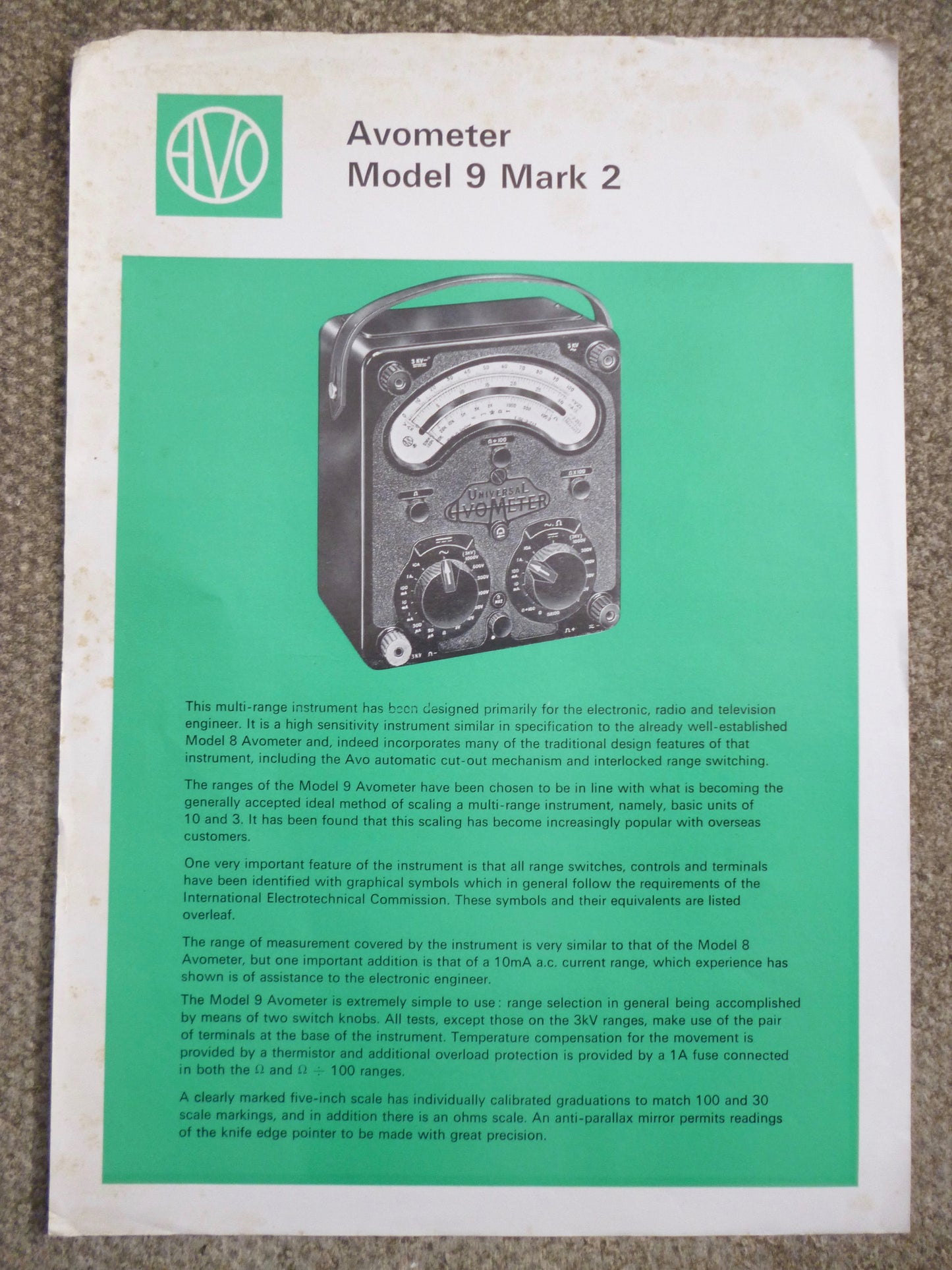 AVO, AVOMETER, MOIDEL 9 MARK 2 , DATA SHEET, 1968