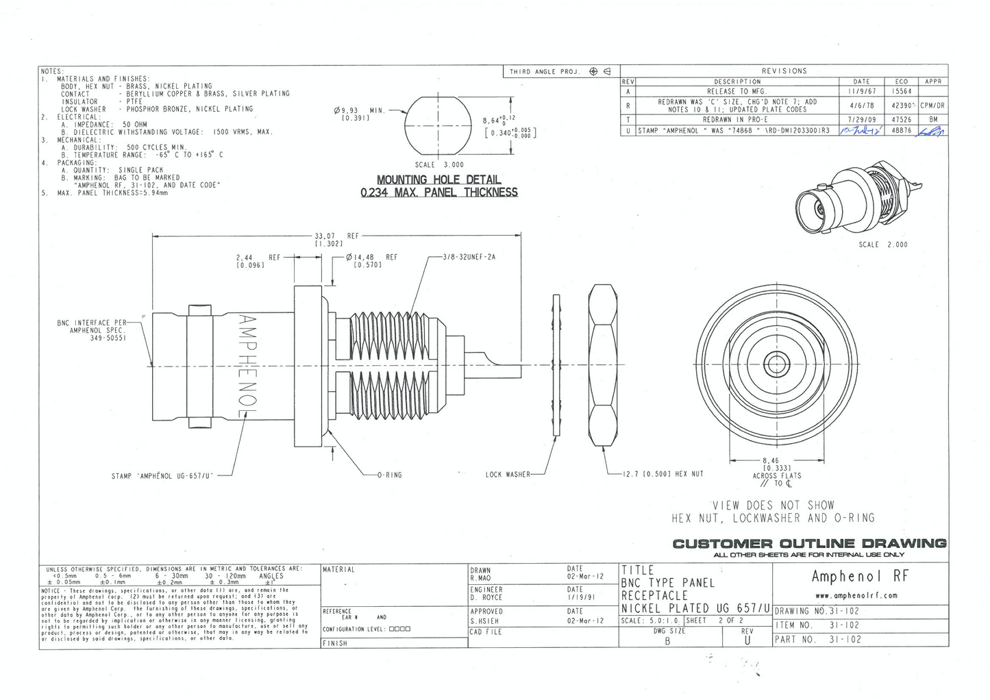 Amphenol ,BNC Connector Receptacle, 31-10, 31-102,  Female Socket ,50 Ohm, Panel Mount, Solder Cup