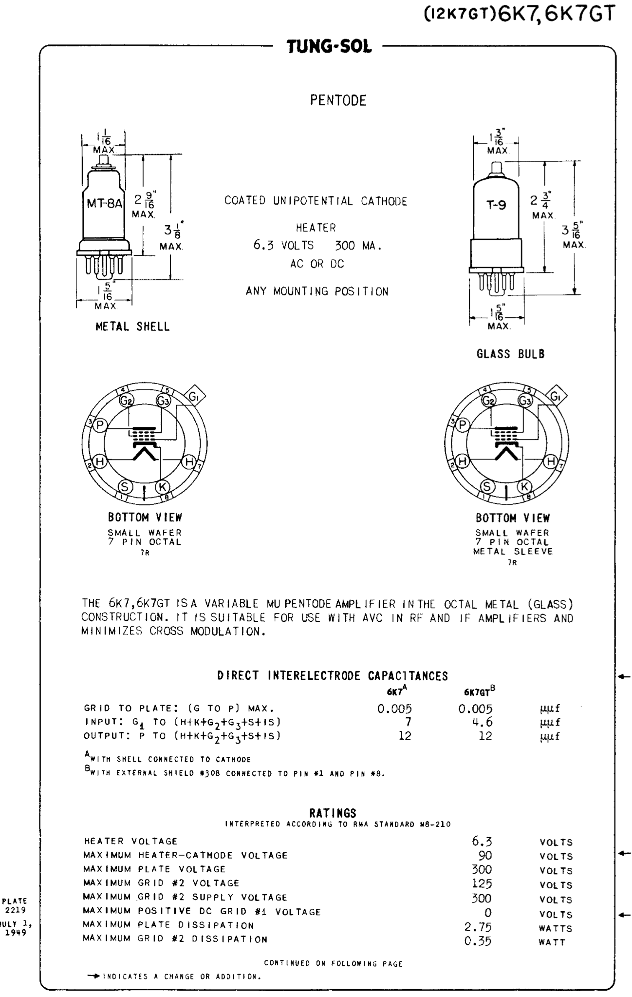 6K7, TUNGSRAM, CV1942, VT-86, FOR WS19, R107, T1304
