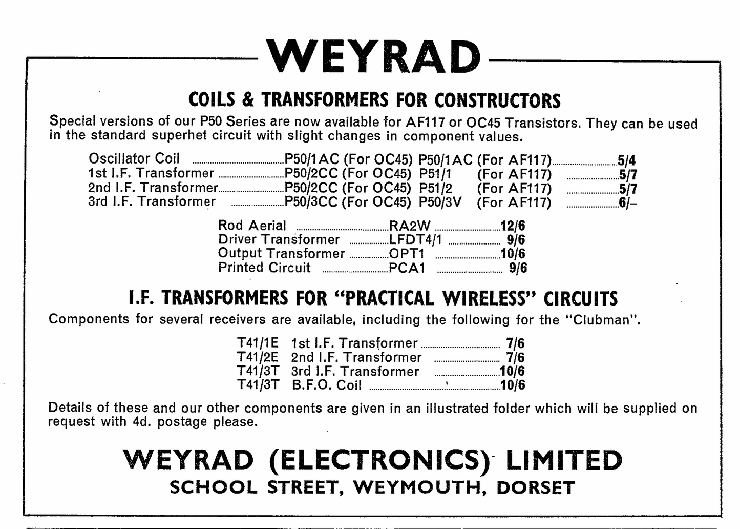 WEYRAD P50, T41, IF TRANSFORMERS, IFT, VARIOUS