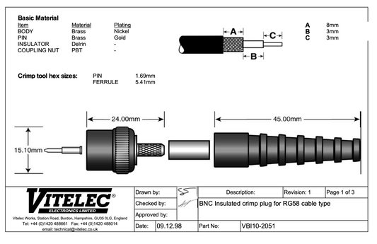 Black Insulated BNC plug, RG58AU/CU cable, 50ohm RS Stock No. 453-274, Brand NEUTRAL