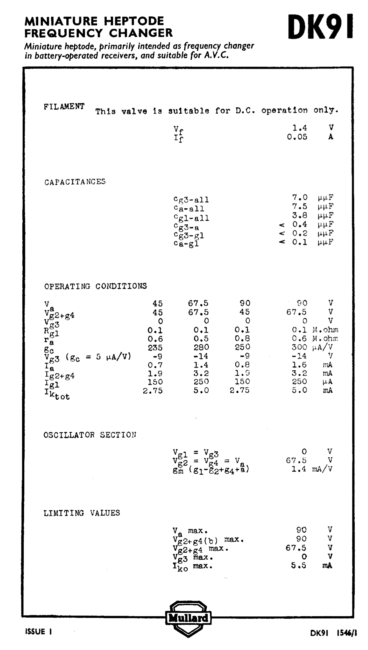 DK91, MULLARD, 1C1, 1R5, CV782, VT-171, X17, NEW BOXED