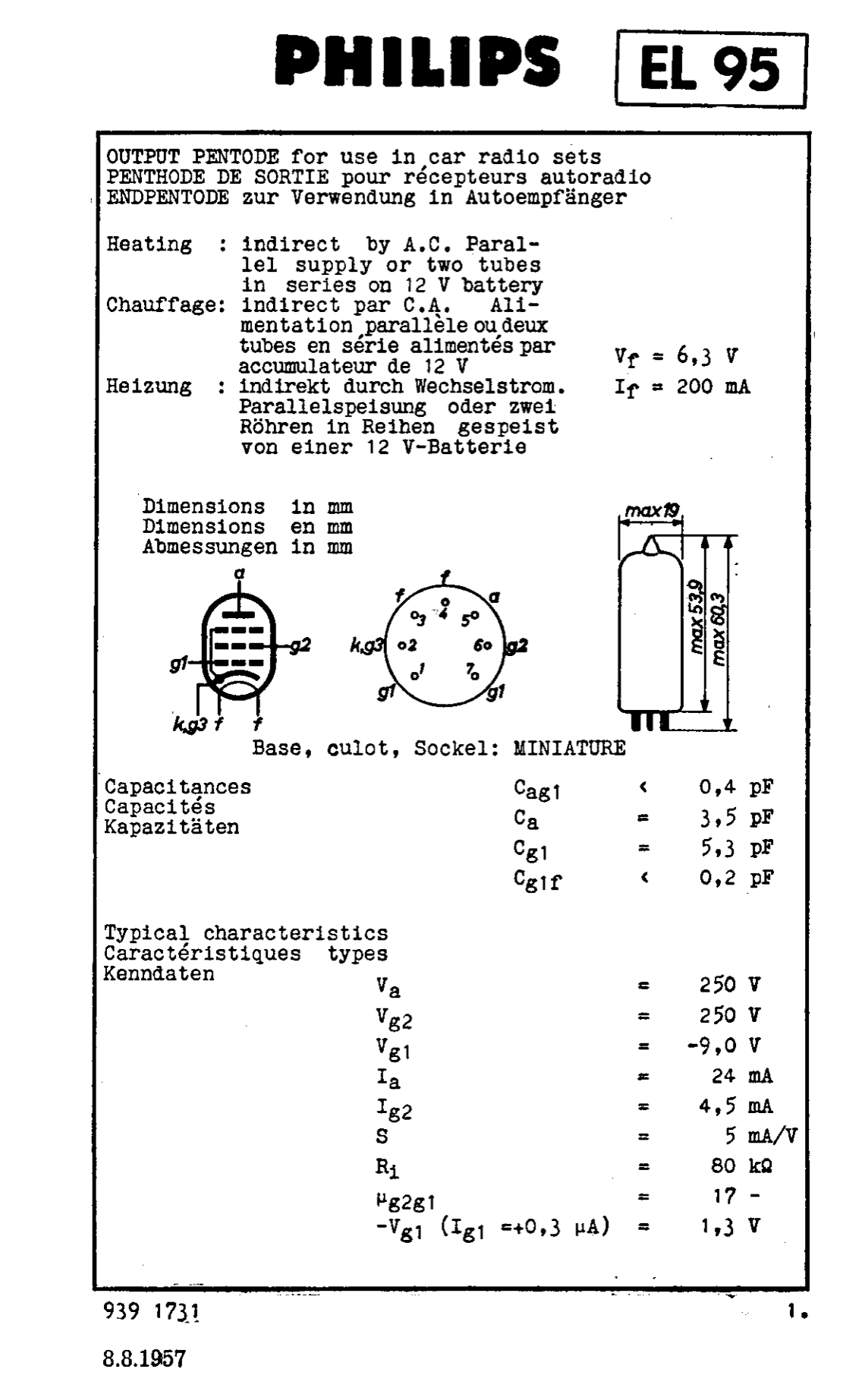 EL95, TELEFUNKEN, WHITE BOX,, 6DL5, CV8458