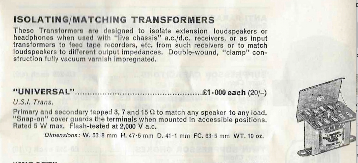 RADIOSPARES, UNIVERSAL, SPEAKER ISOLATION TRANSFORMER, 5W