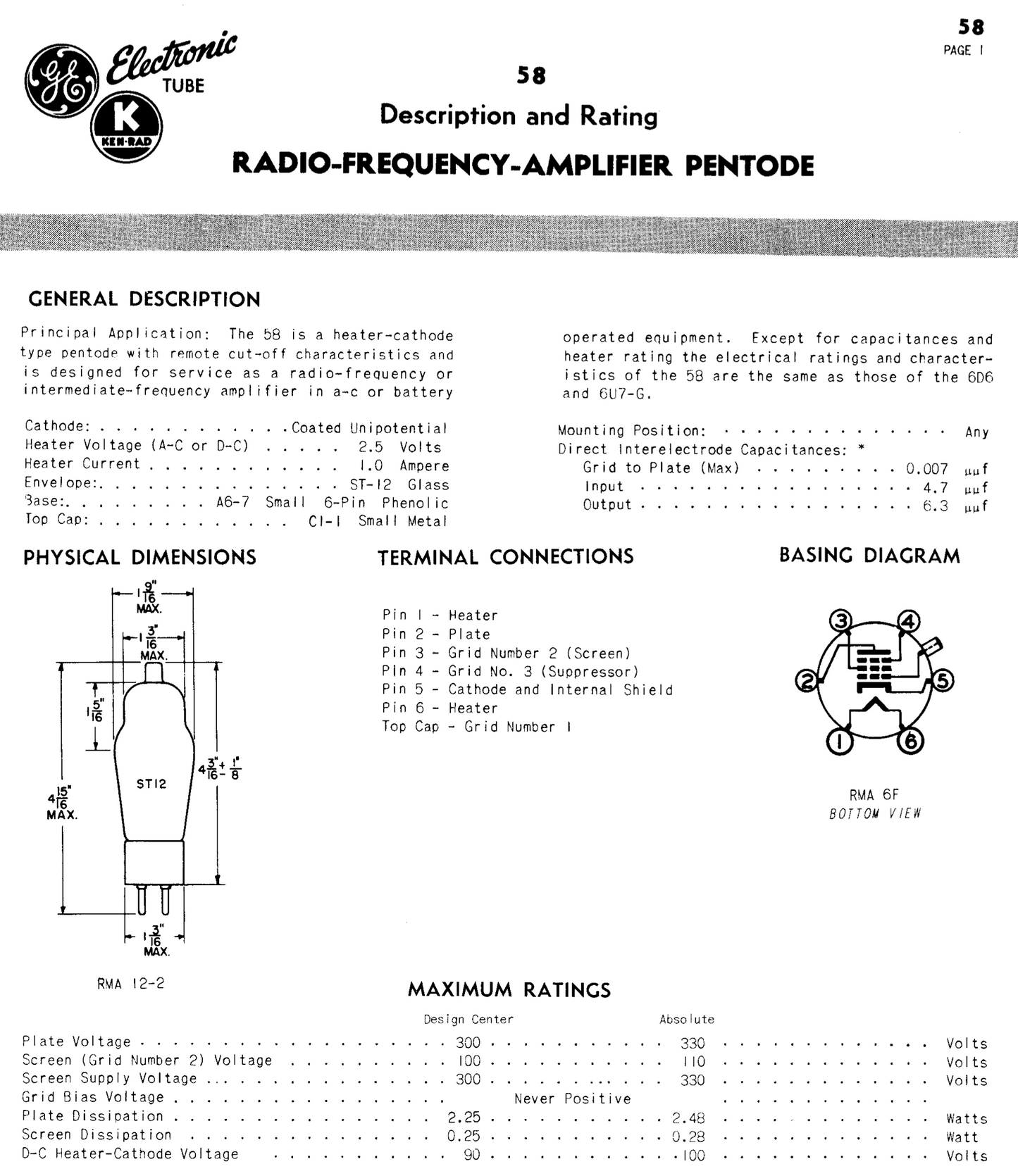 58, RCA, NOS, NIB, 6D6 ,CV613, VT-58, UZ58A, UZ-58A, NU-58L, A258, ER58, 258, W2162, PH58, PH258, VT156_GPO, C58 ,CV1705, NU-58, T-58,