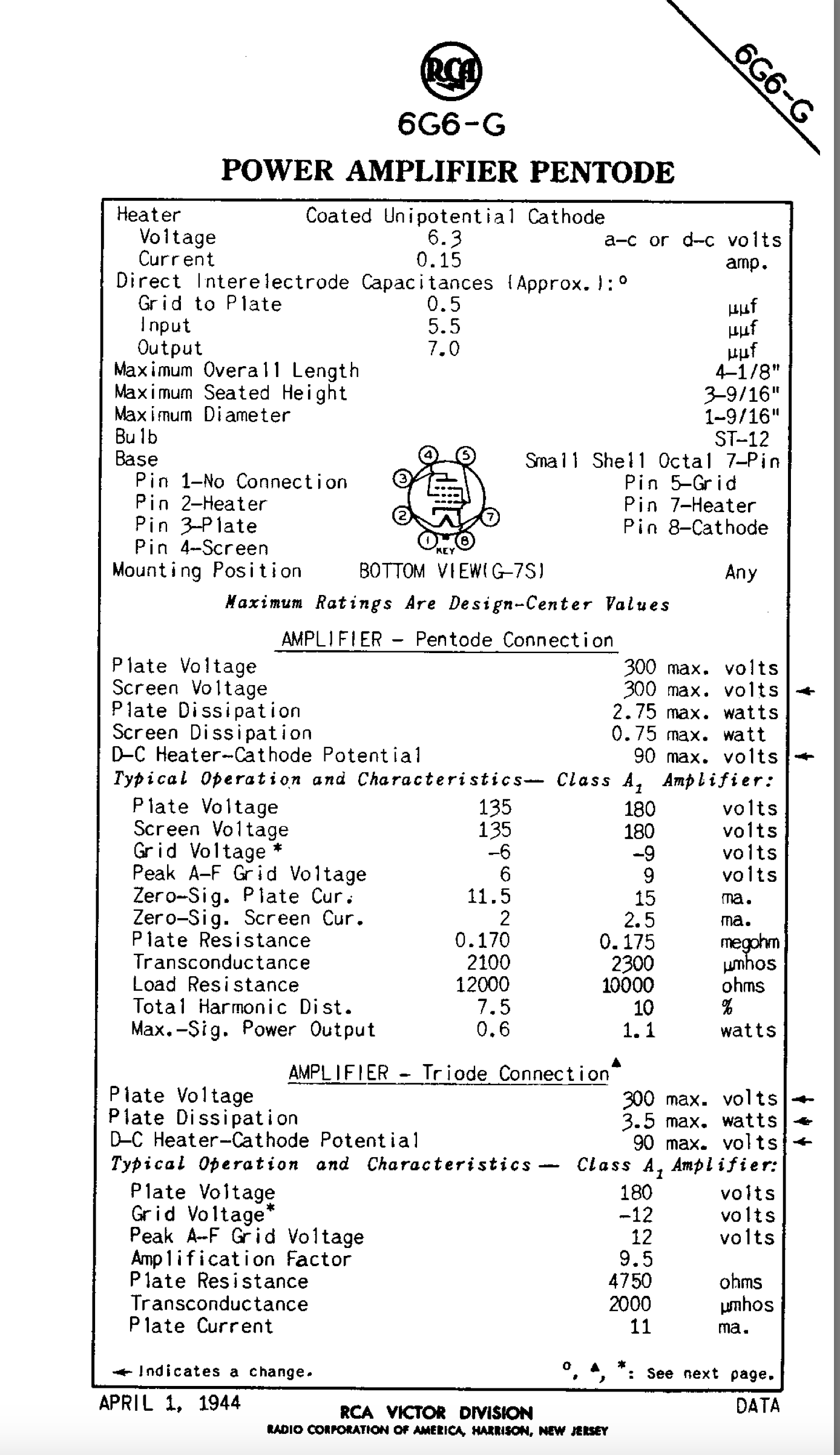 6G6G, PHILCO, CV1926, VT191A, AUDIO PENTODE, FOR T1540, T5017 BC625