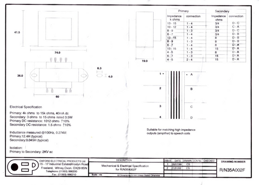 Radiospares, Universal Impedance, Audio Output Transformer, RS 217-567, 3.5W , Primary 4-15K, Secondary 3-15R , Mullard 3-3, EX EQUIPT