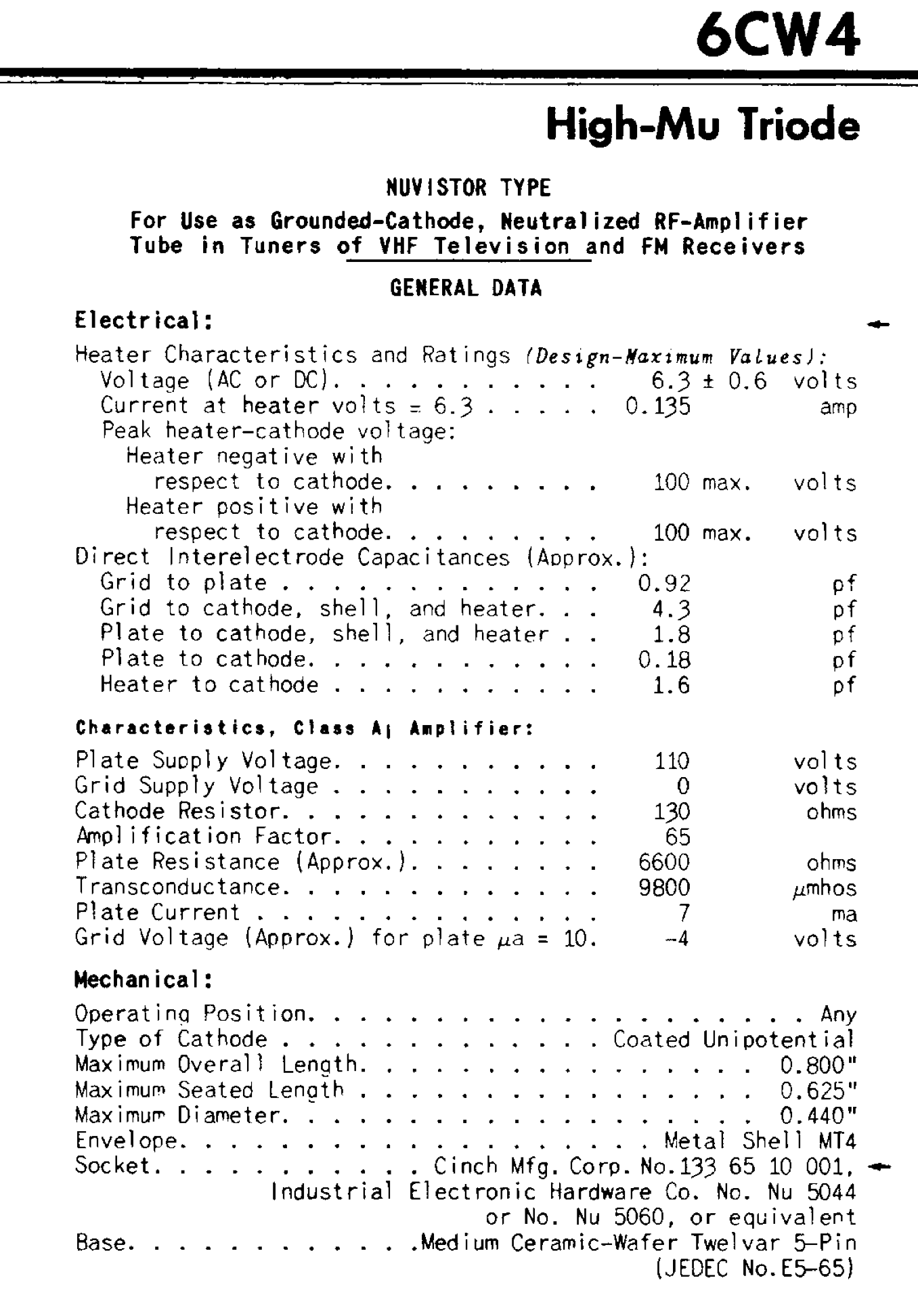 6CW4, ZAERIX BOXED, RCA, NUVISTOR, NOS