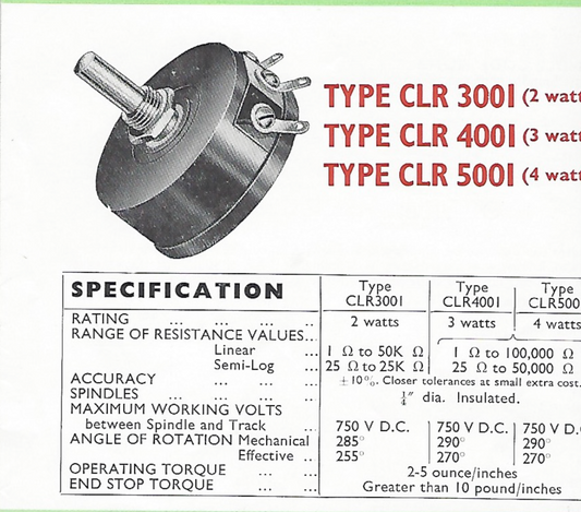 COLVERN, CLR 5001, WIRE WOUND POTENTIOMETERS, VINTAGE NOS, 750R 4W