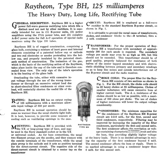 TYPE BH, RAYTHEON, COLD CATHODE RECTIFIER, GLOBE ENVELOPE 1933