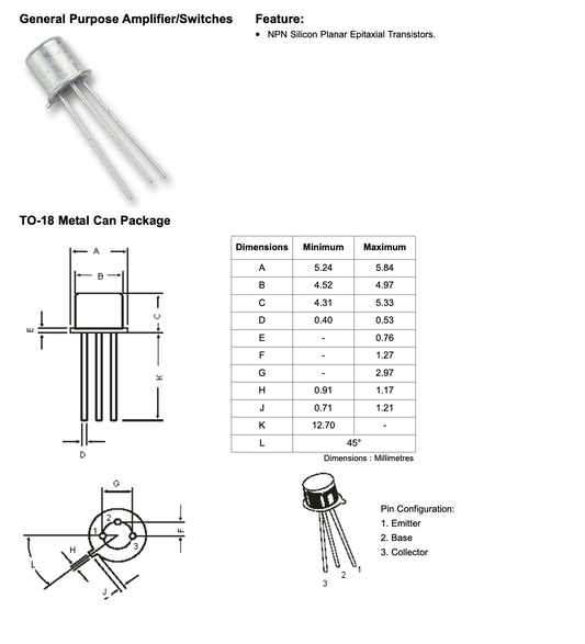 BC107, Small-signal, Transistor, NPN, 45V 0.2A, TO-18,