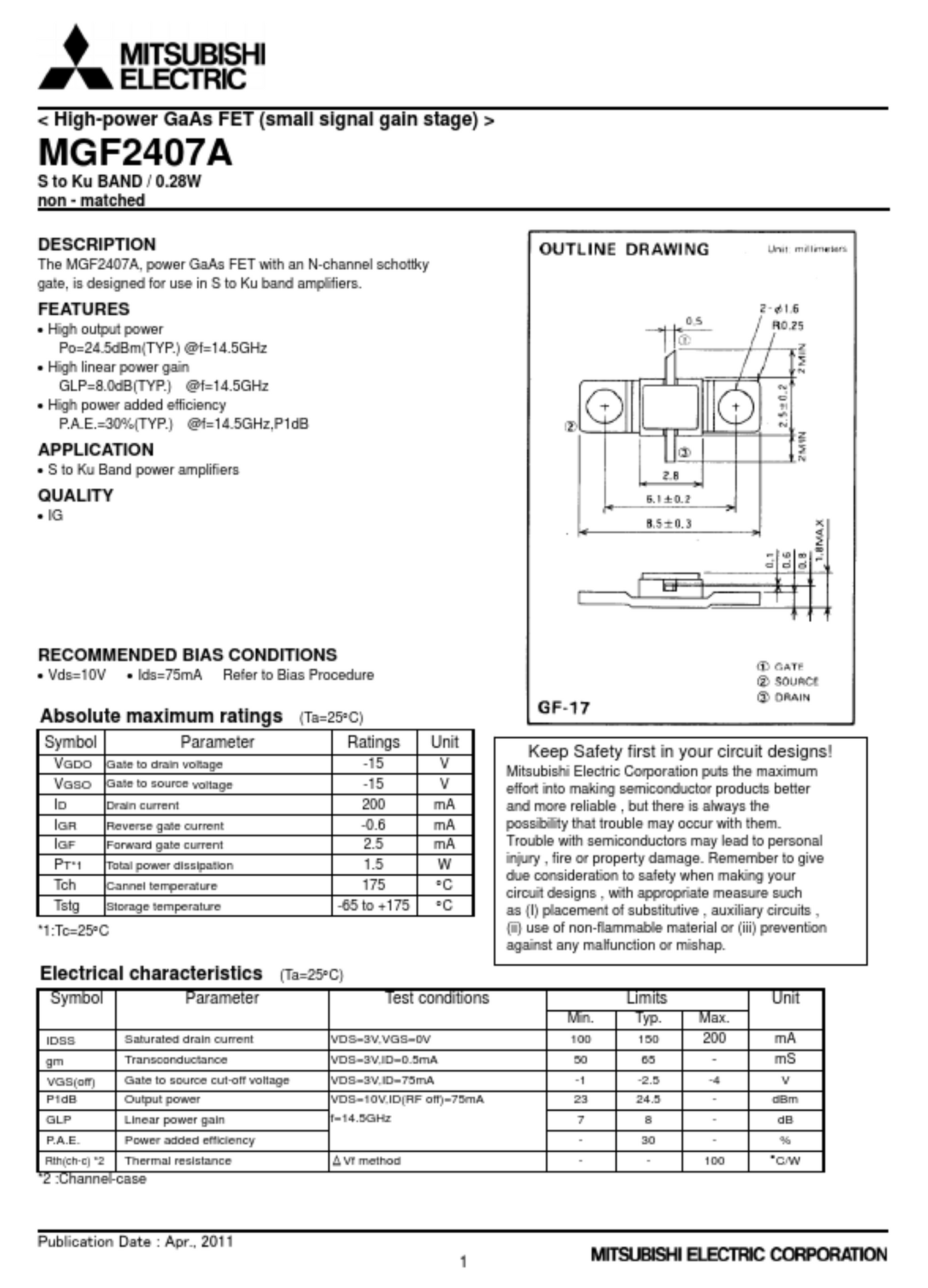 MITSUBISHI, MGF2407A, MICROWAVE POWER GaAs FET, NEW IN ORIGINAL PACKAGING
