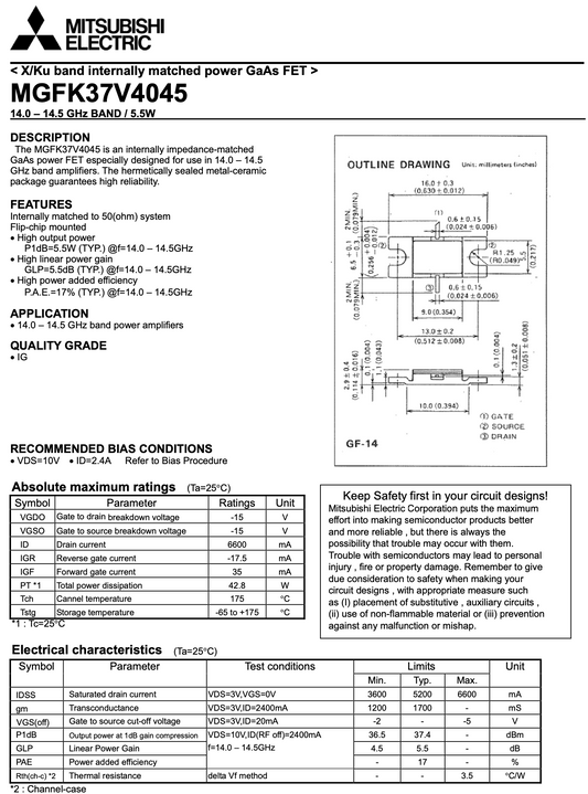 MGFK37V4045, MITSUBISHI, 14.0-14.5GHz Band, 2W Internally Matched GAAS FET, Microwave FET