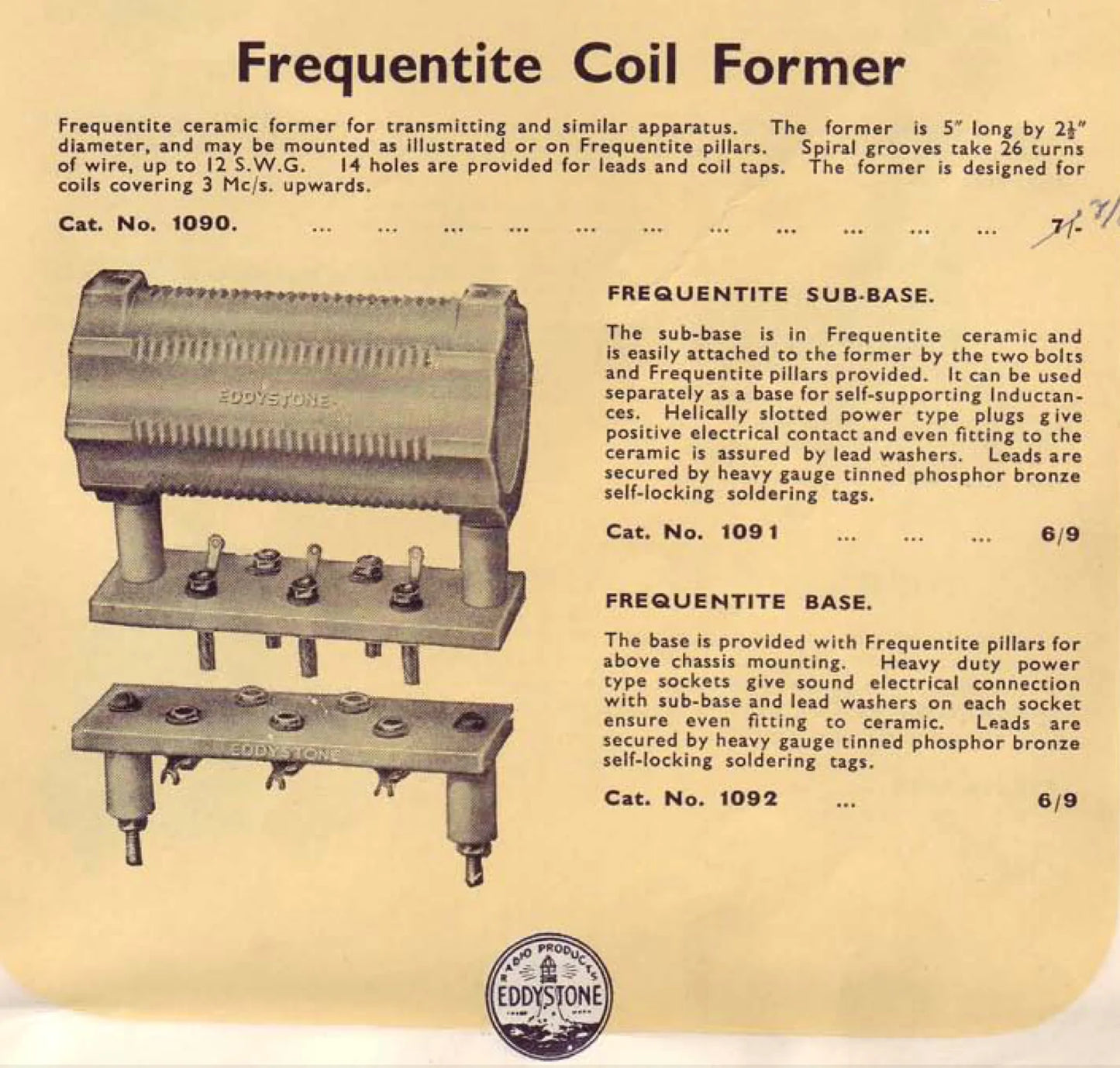 Eddystone, Frequentite, Ceramic, transmitting coil former, 5", Cat No: 1090 , Cat No: 1091