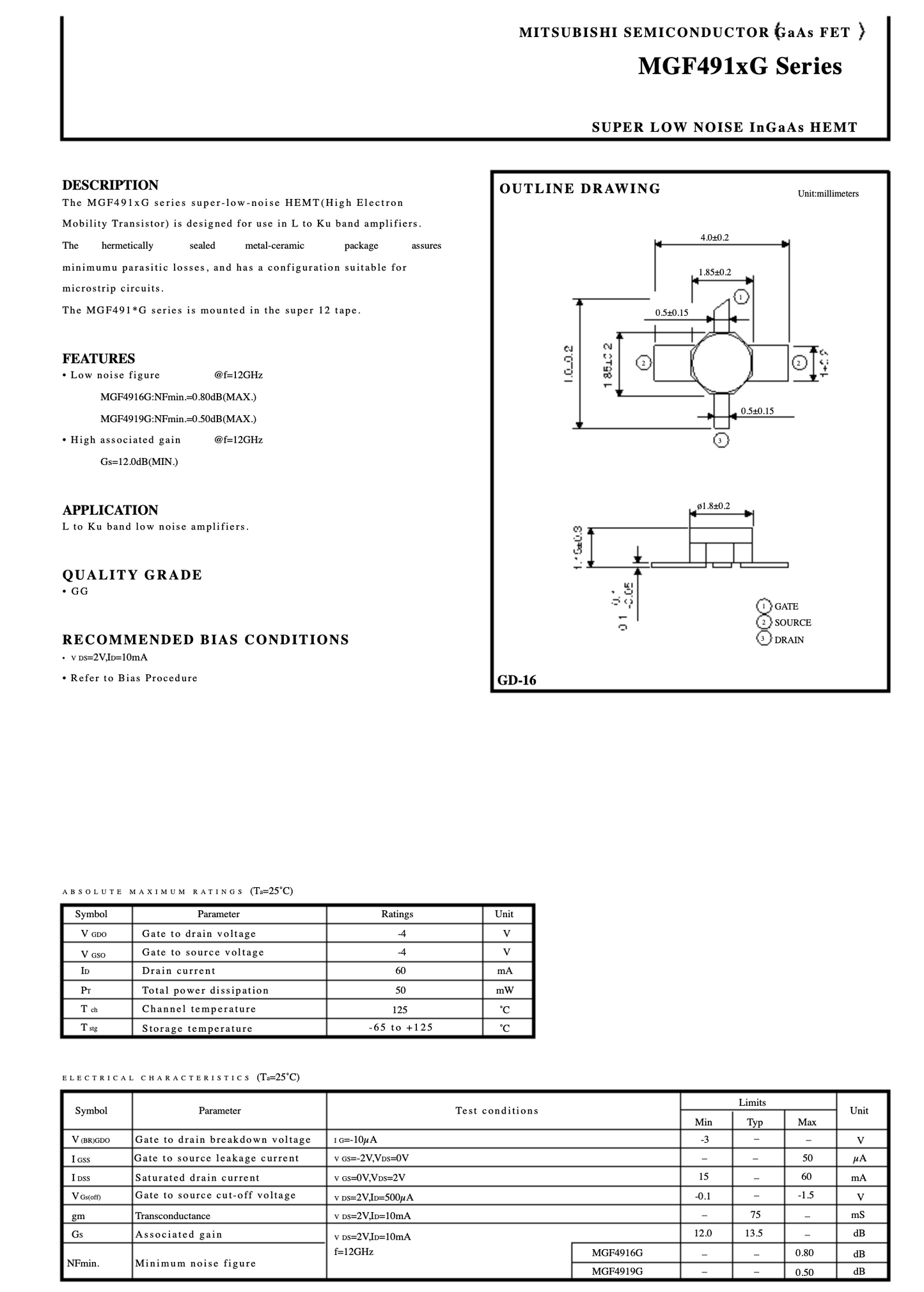 Mitsubishi, MGF4919G, Ultra low noise, InGaAs-HEMT, TRANSISTOR, SMT86, STRIP OF TEN, 10X