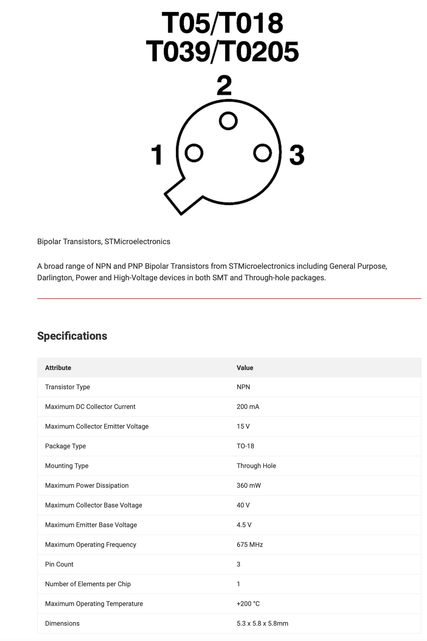 2N2369A ,NPN,Bipolar Transistor, 200 mA, 15 V, 3-Pin, TO-18