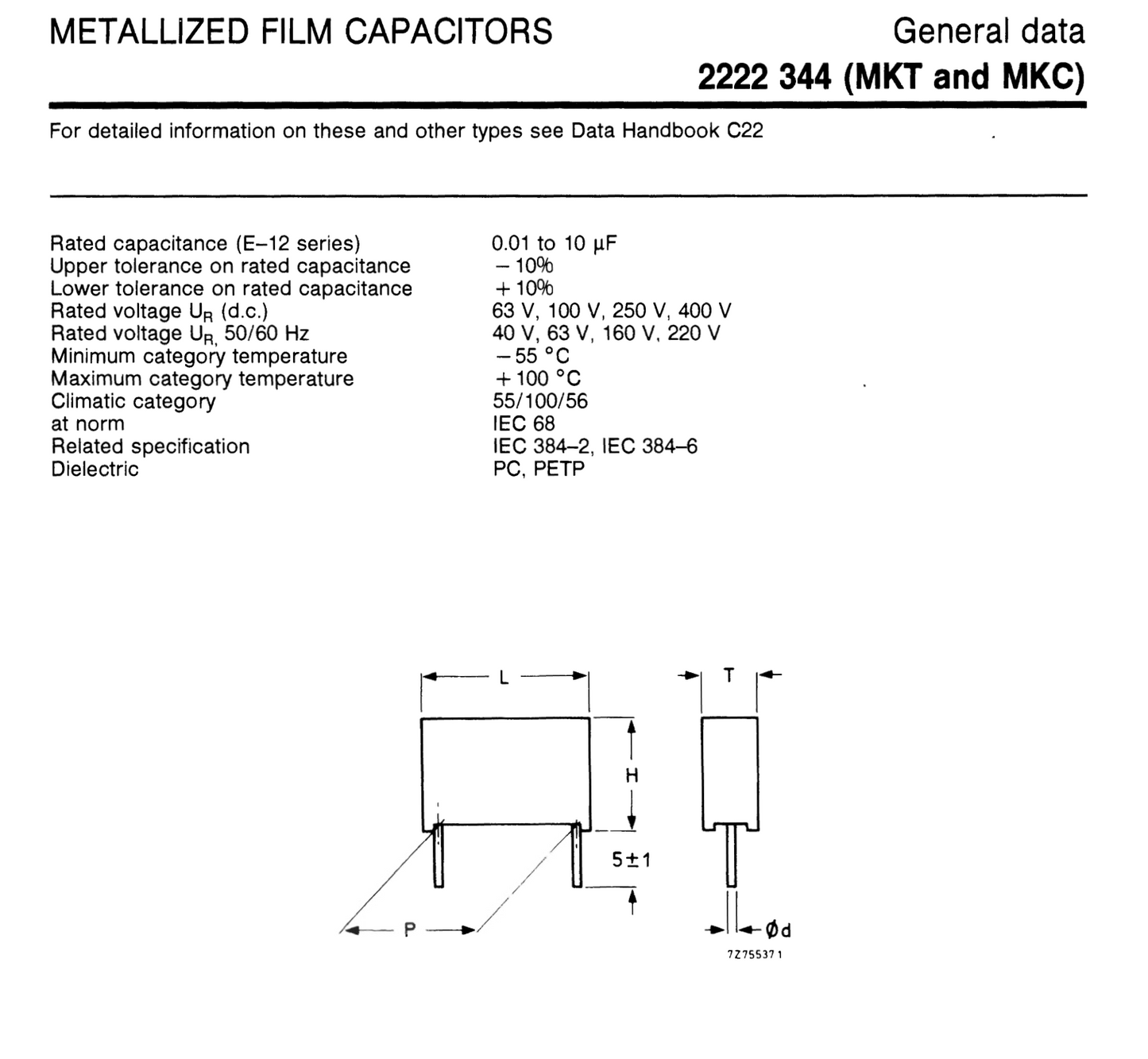 PHILIPS, MKT344 METALlISED FILM, CAPACITOR, 0.01uF, 10% 250V, 0.01/10/250, CAT No. 344 41103