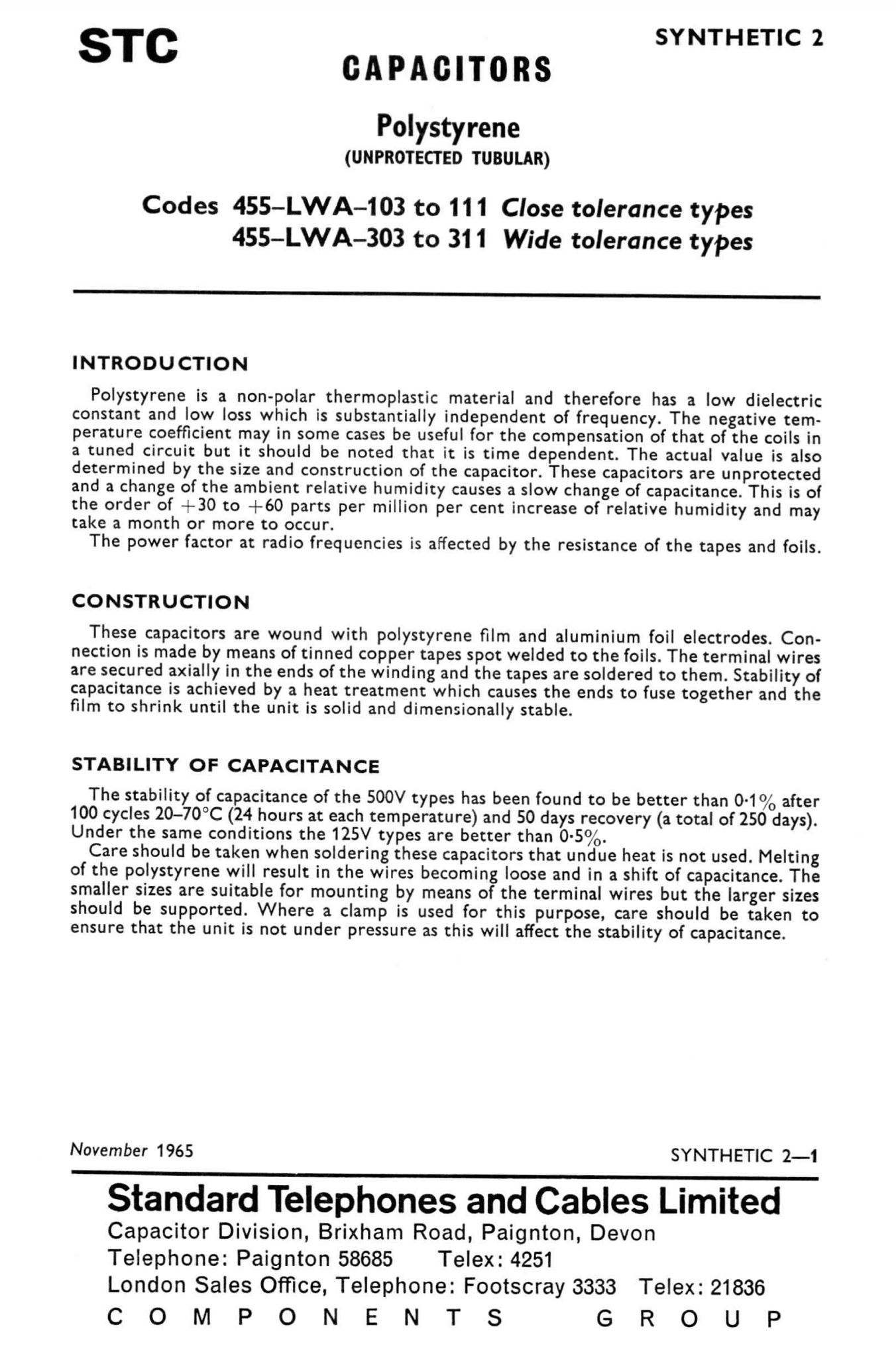 STC, POLYSTYRENE CAPACITOR, CLOSE TOLERANCE TYPE, 455-LWA-105, 80pF 125V