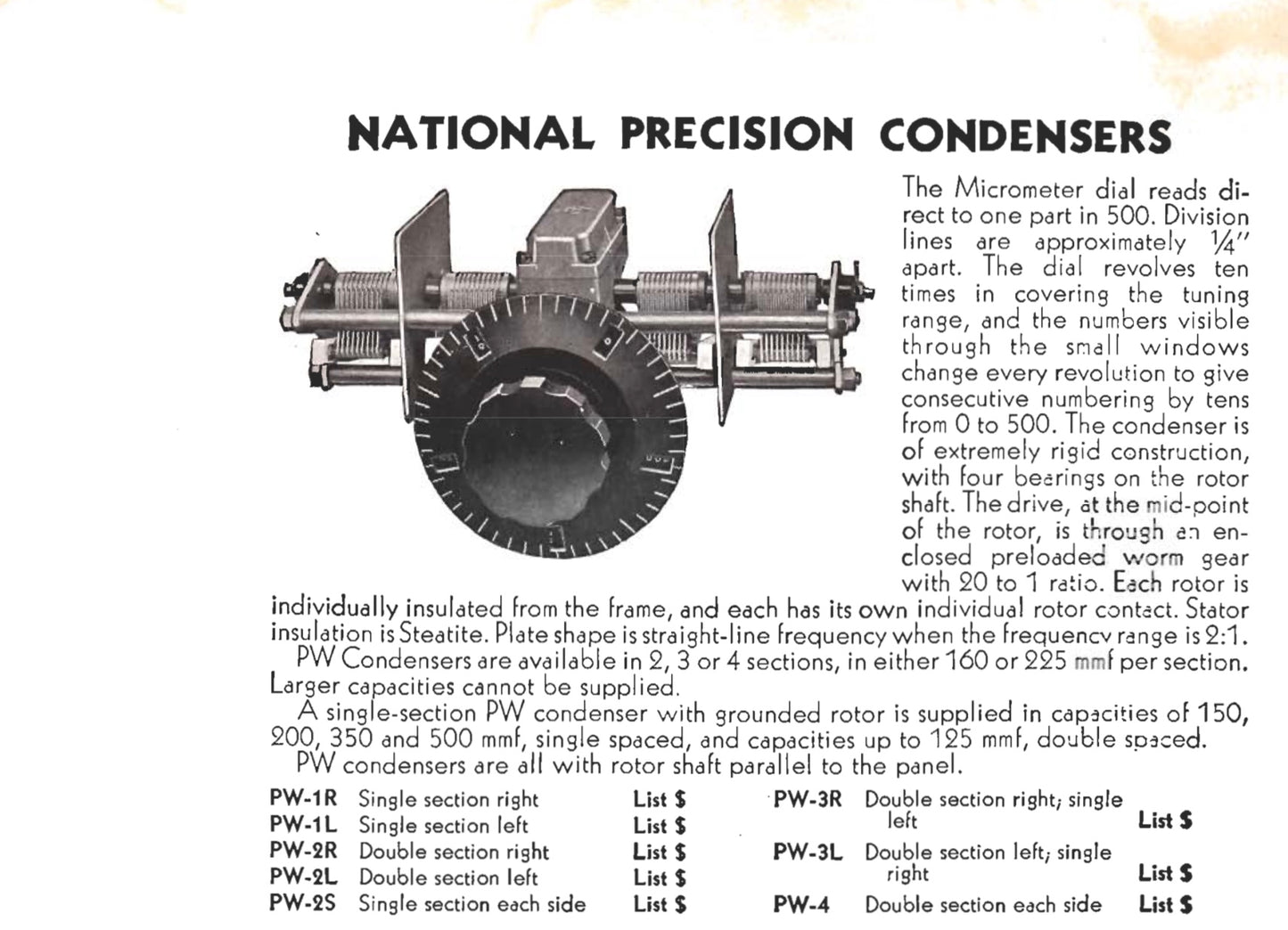 NATIONAL, PRECISION CONDENSER, TUNING GANG, AS USED IN NATIONAL HRO, MODEL PW-4, BELIEVED NEW