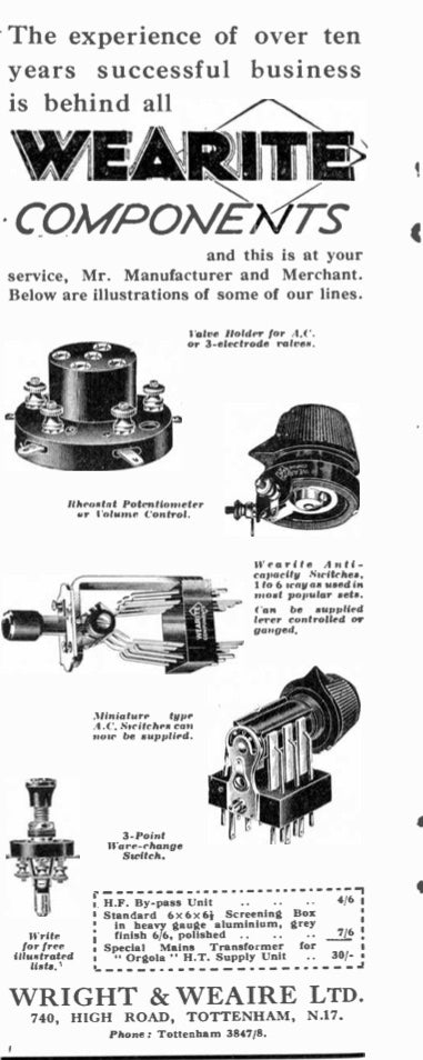 WEARiTE,, VOLUME CONTROL, RHEOSTAT, FITTED WITH PYE KNOB,, 1930