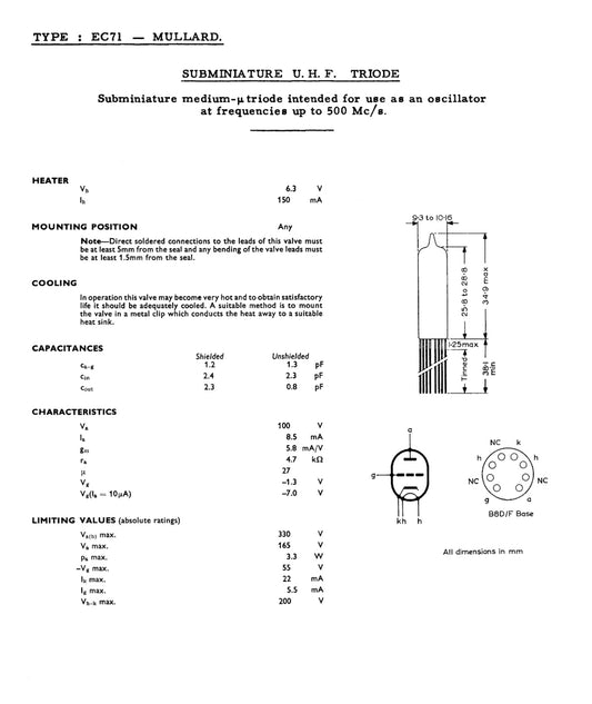 XFR1, HIVAC, SUBMINIATURE RF AMPLIFIER VALVE X4 , THOUGHT TO BE SIMILAR TO MULLARD, EC71,