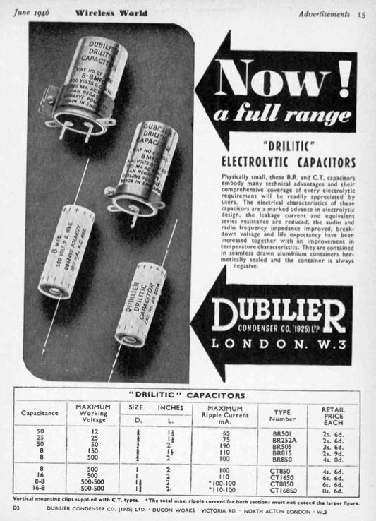 DUBILIER DRILYTIC TYPE BR 32 + 16uF 350V DUAL SECTION AXIAL ELECTROLYTIC CAPACITORS