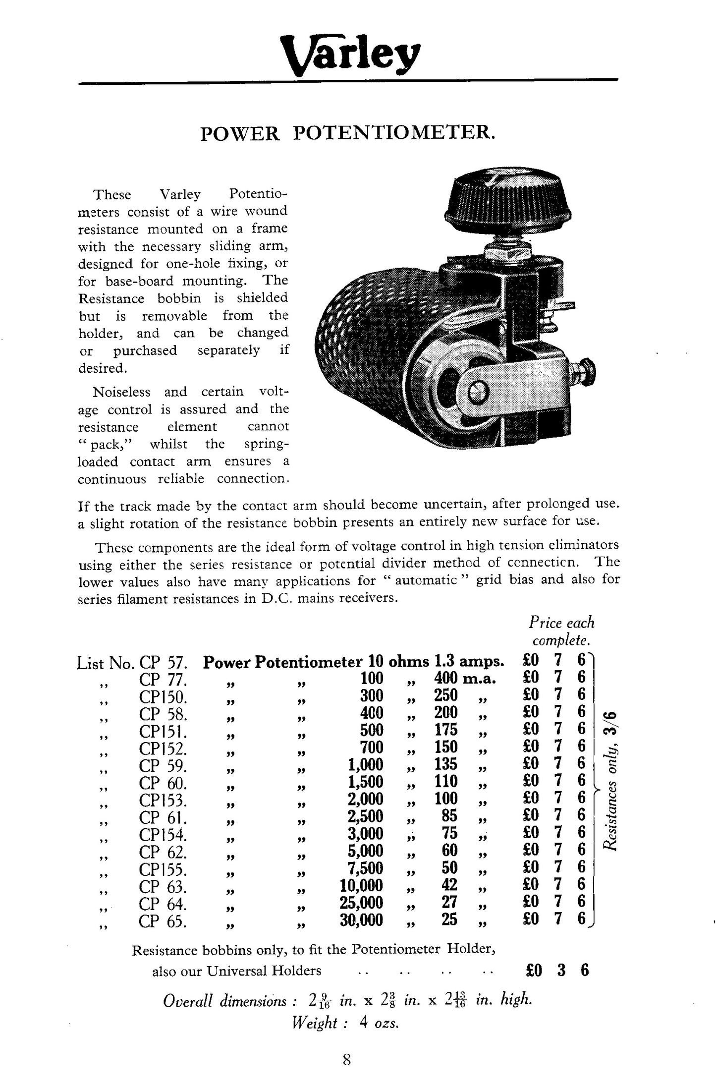 VARLEY, 1000 OHM, 1K, POWER POTENTIOMETER, CP59, FROM 1927