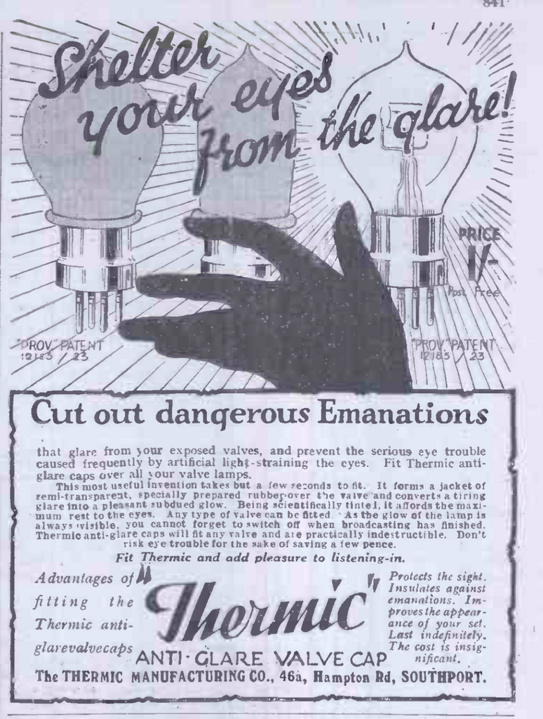 SHELTER YOUR EYES FROM THE GLARE - CUT OUR HARMFUL EMANATION FROM YOUR VALVES 1923 STYLE