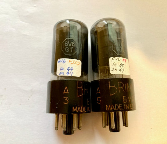 6V6GT, BRIMAR, MATCHED PAIR, BLACK GLASS, BLACK BASE WITH ORANGE PRINT, SAME FACTORY CODE, STC FOOTSCRAY PRODUCTION , 6V6 