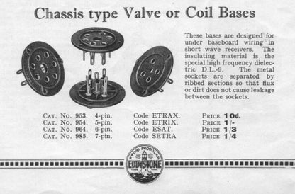 B5, 5 PIN, AIR MINISTRY, EDDYSTONE, VALVE BASE,  10H/325, CODE ETRIX,  CAT NO. 954,, BLACK MICANOL , EX EQUIPT