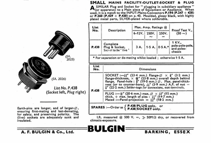 MINIATURE, BULGIN, 3 PIN SOCKET, CHASSIS MOUNT, P438, P438/SOCKET, NOS, SA2026