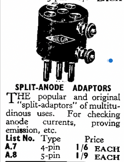 Bulgin, British 5 Pin, B5, Split Anode Valve Adaptor, A8, Unboxed,  1930