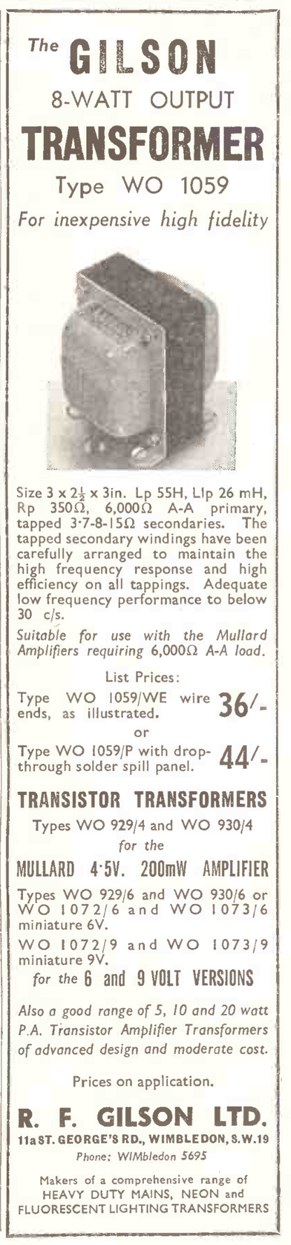 RF GILSON, OUTPUT TRANSFORMER, WO.929/6, FOR MULLARD 4.5W TRANSISTOR AMPLIFIER