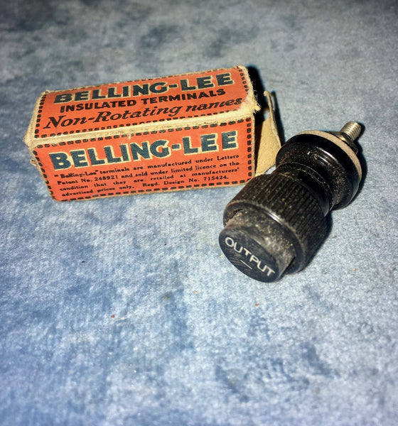 BELLING LEE, BINDING POST, BLACK, 16mm HEAD, 2BA, 8mm BOLT, LETTERED WITH, OUTPUT-, NEW BOXED, 1930S MAINS