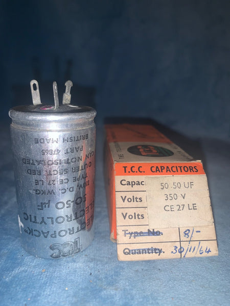 TCC, 50 + 50uF @ 350V, ELECTROLYTIC CAPACITOR, BOXED, 1964