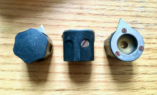 Set of 3x, Military, Black Bakelite, Six Scallop Shaped Knob, Metal Indicator peak, 28mm Dia, 25mm Depth, 6mm Shaft, Brass Bushed