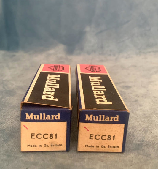 ECC81, MULLARD ,NEW SHIELD, WHITE PRINT, PAIR, SAME FACTORY CODE KRADLEPAK, NOS, VF3 B1D4, BLACKBURN,  1971 MANUFACTURE